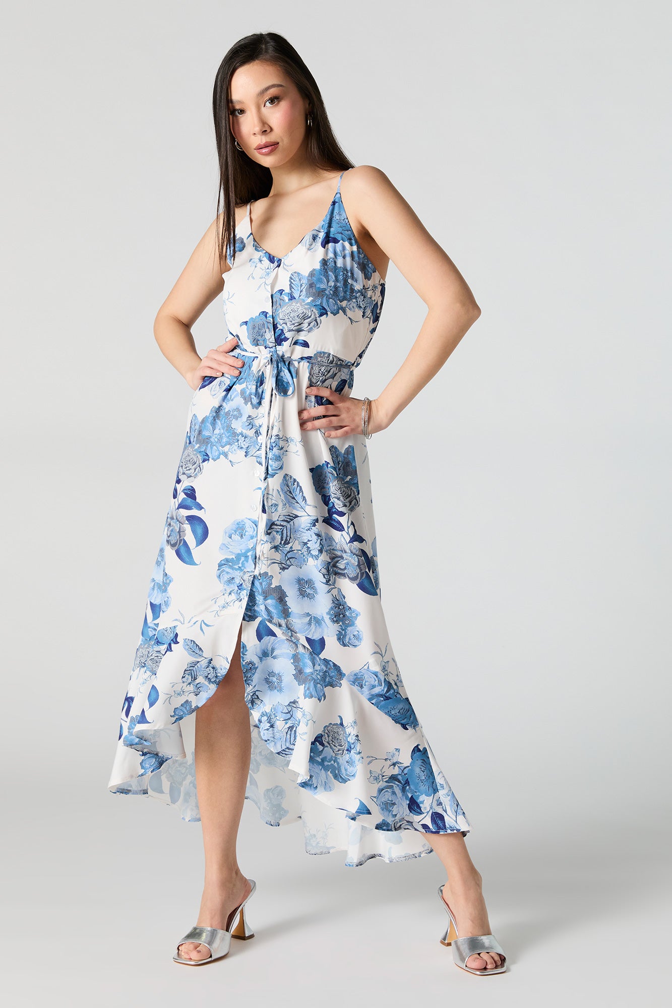 Floral Button Front Self Tie Ruffled Midi Dress