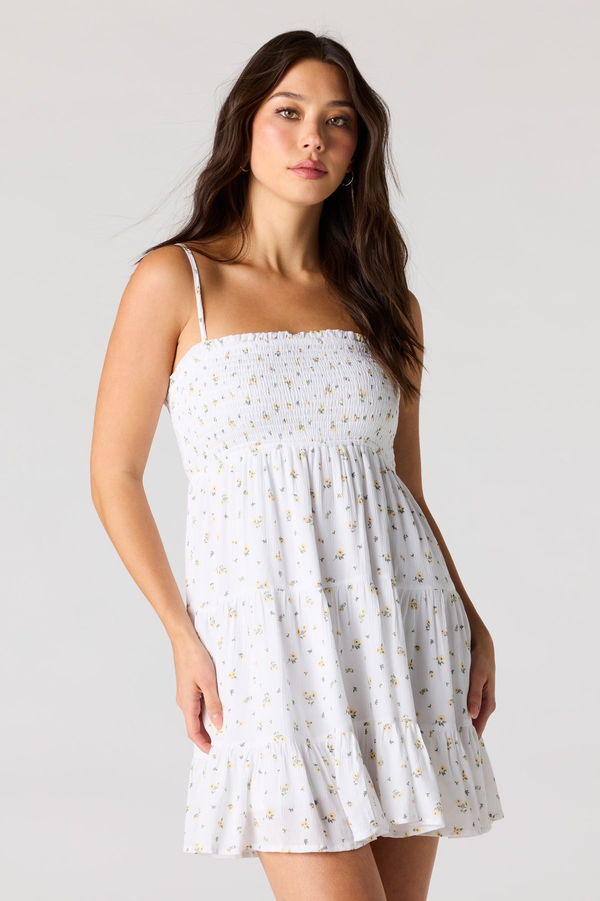 Smocked Tiered Mini Dress - White