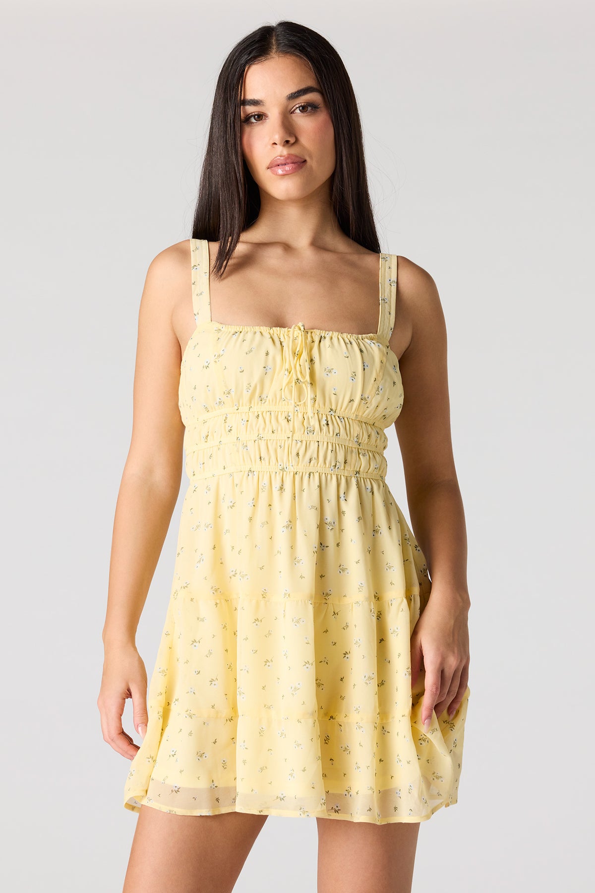 Chiffon Tiered Mini Dress - Yellow