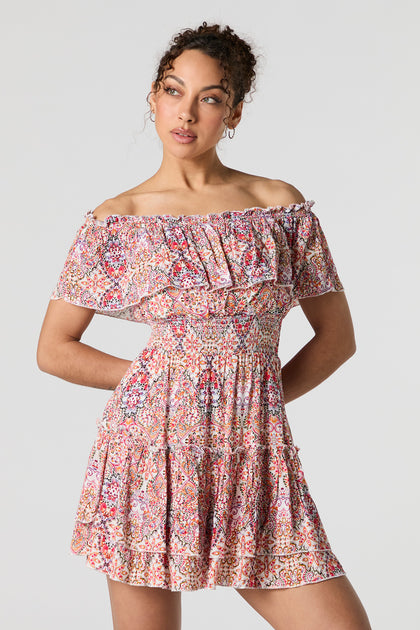 Paisley Print Off Shoulder Tiered Mini Dress