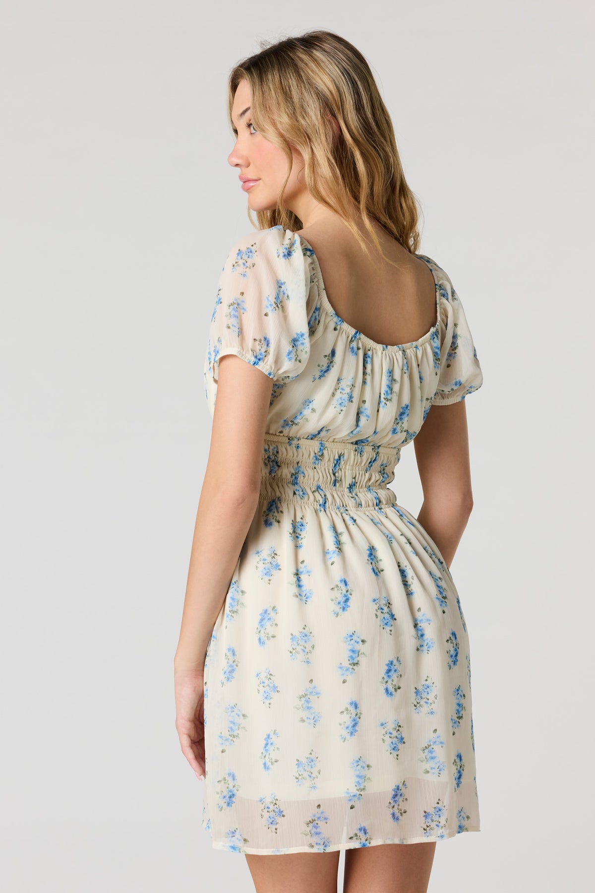 Alt View 2. Floral Chiffon Puff Sleeve Mini Dress - Cream