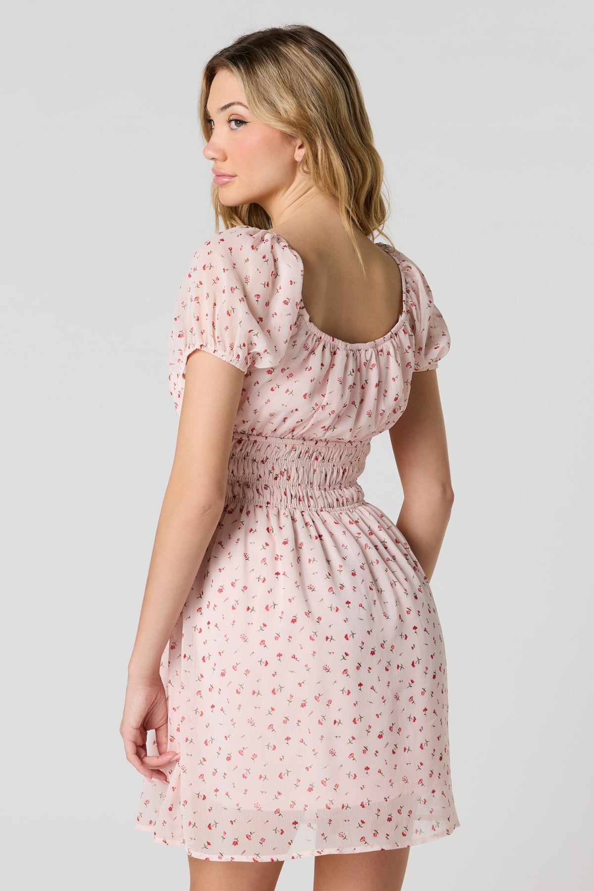Alt View 2. Floral Chiffon Puff Sleeve Mini Dress - Pink