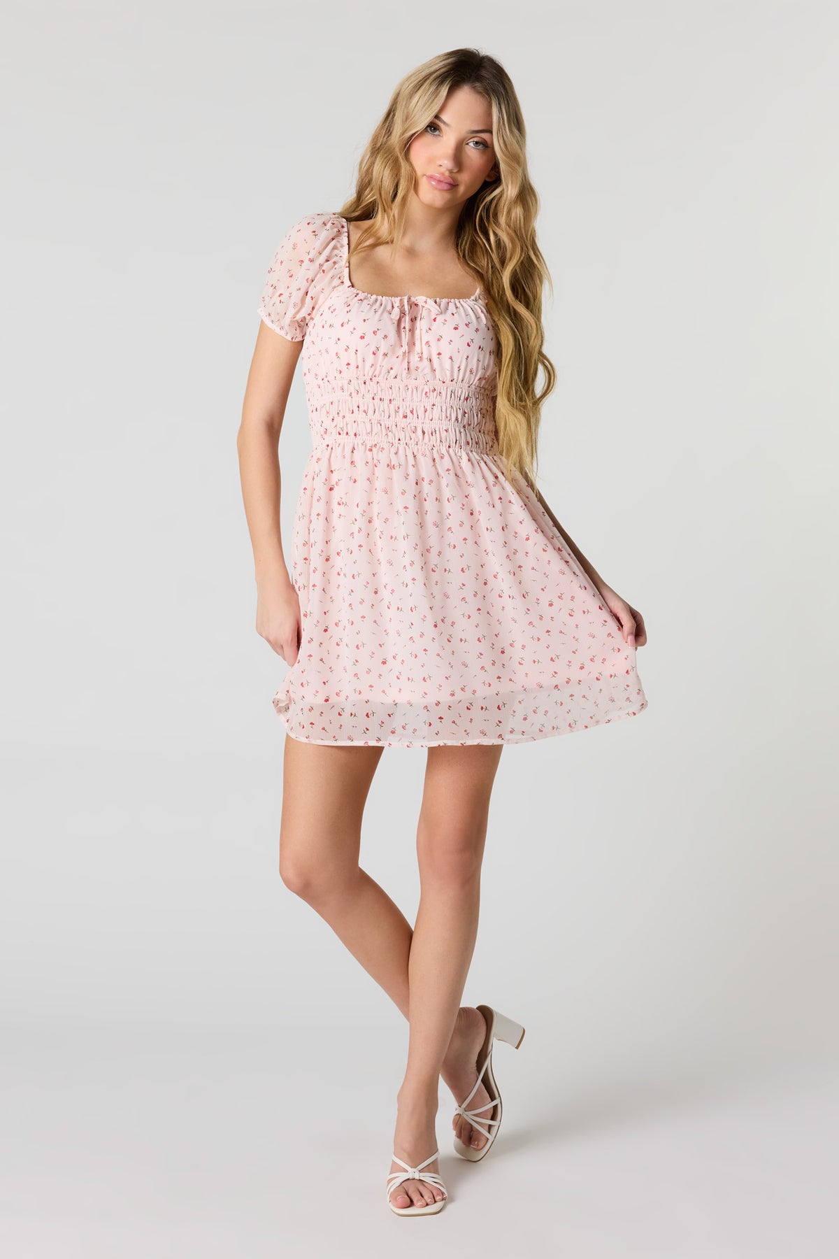 Alt View 3. Floral Chiffon Puff Sleeve Mini Dress - Pink