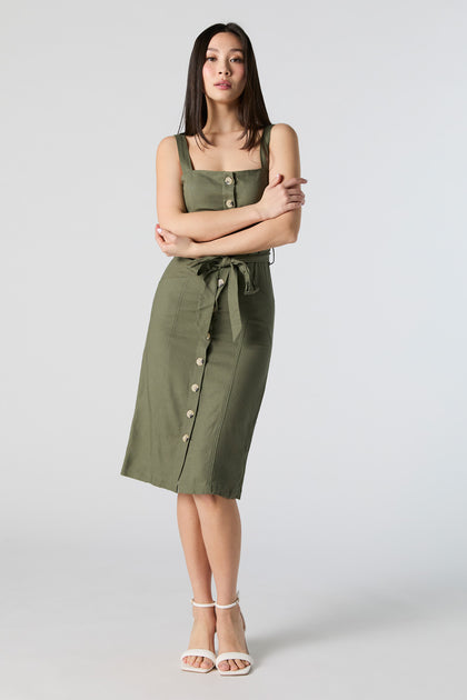 Linen Button Front Belted Midi Dress