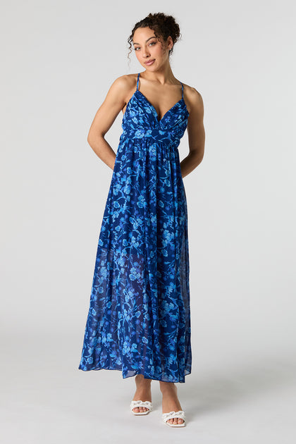 Blue Floral Print Chiffon V-Neck Maxi Dress
