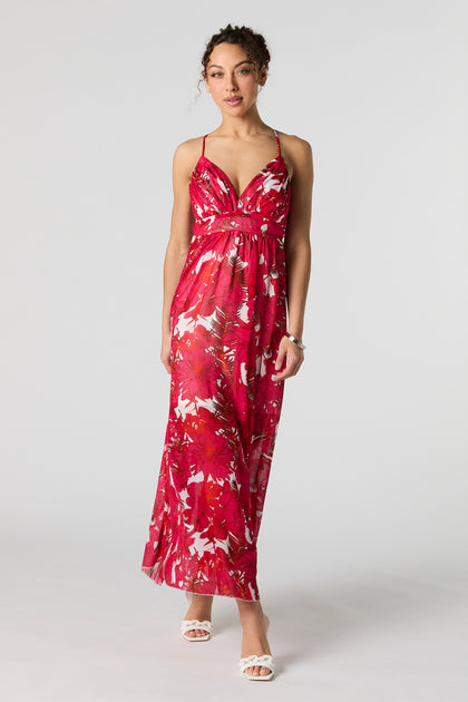 Floral Print Chiffon V-Neck Maxi Dress