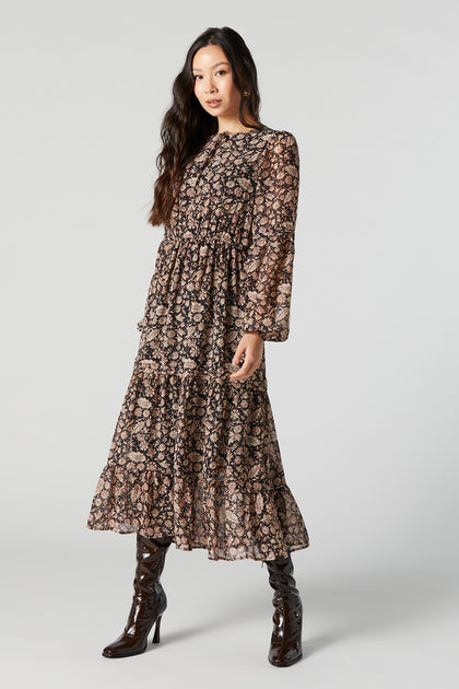 Floral Mesh Long Sleeve Tiered Maxi Dress
