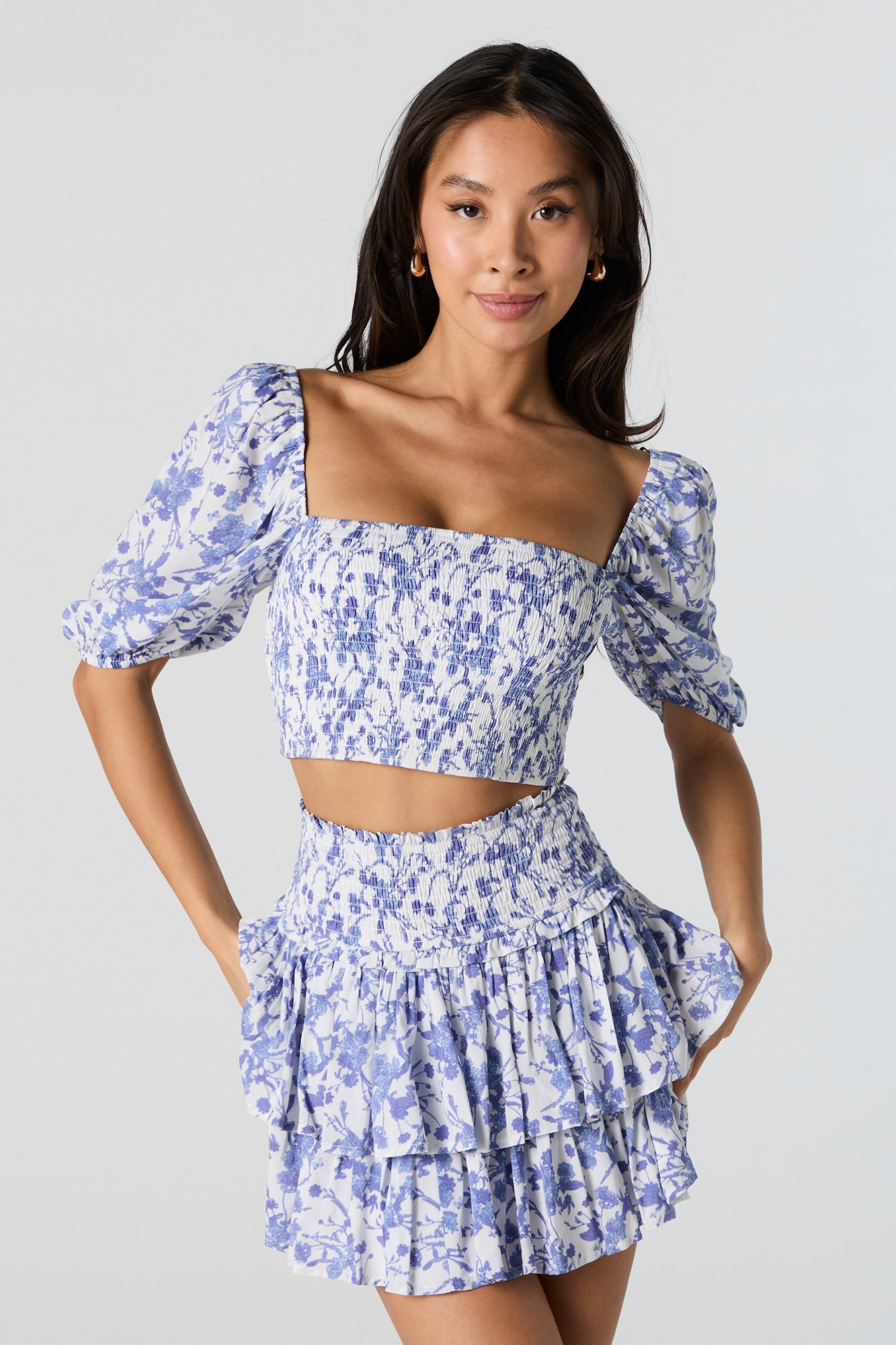 Blue Floral Smocked Tiered Mini Skirt