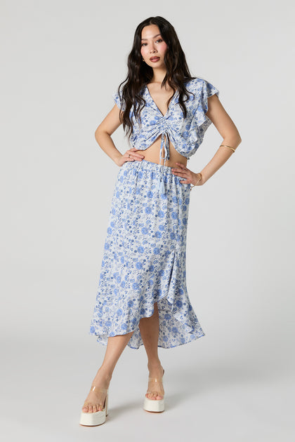 Floral Asymmetrical Ruffled Midi Skirt