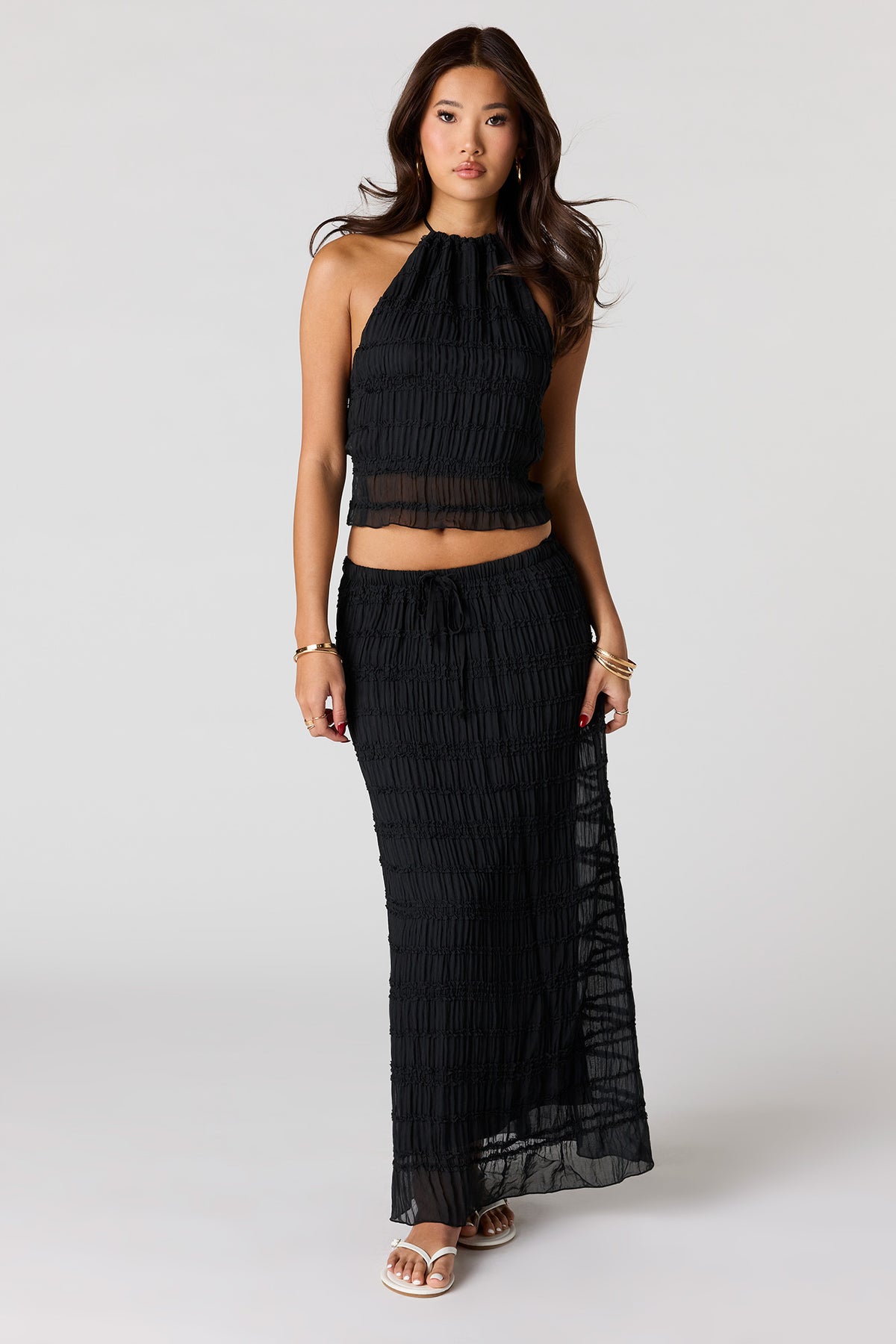 Textured Chiffon Maxi Skirt - Black
