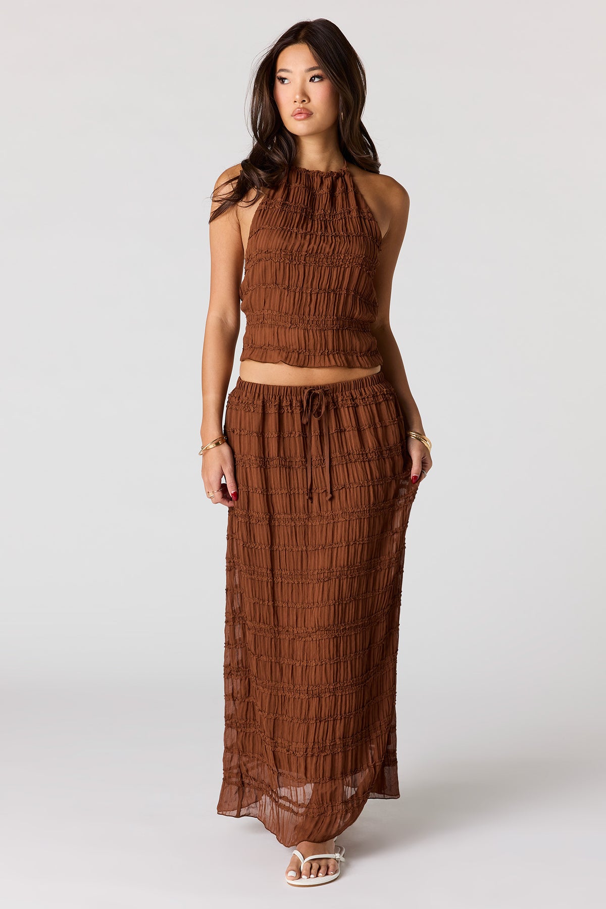 Textured Chiffon Maxi Skirt - Brown