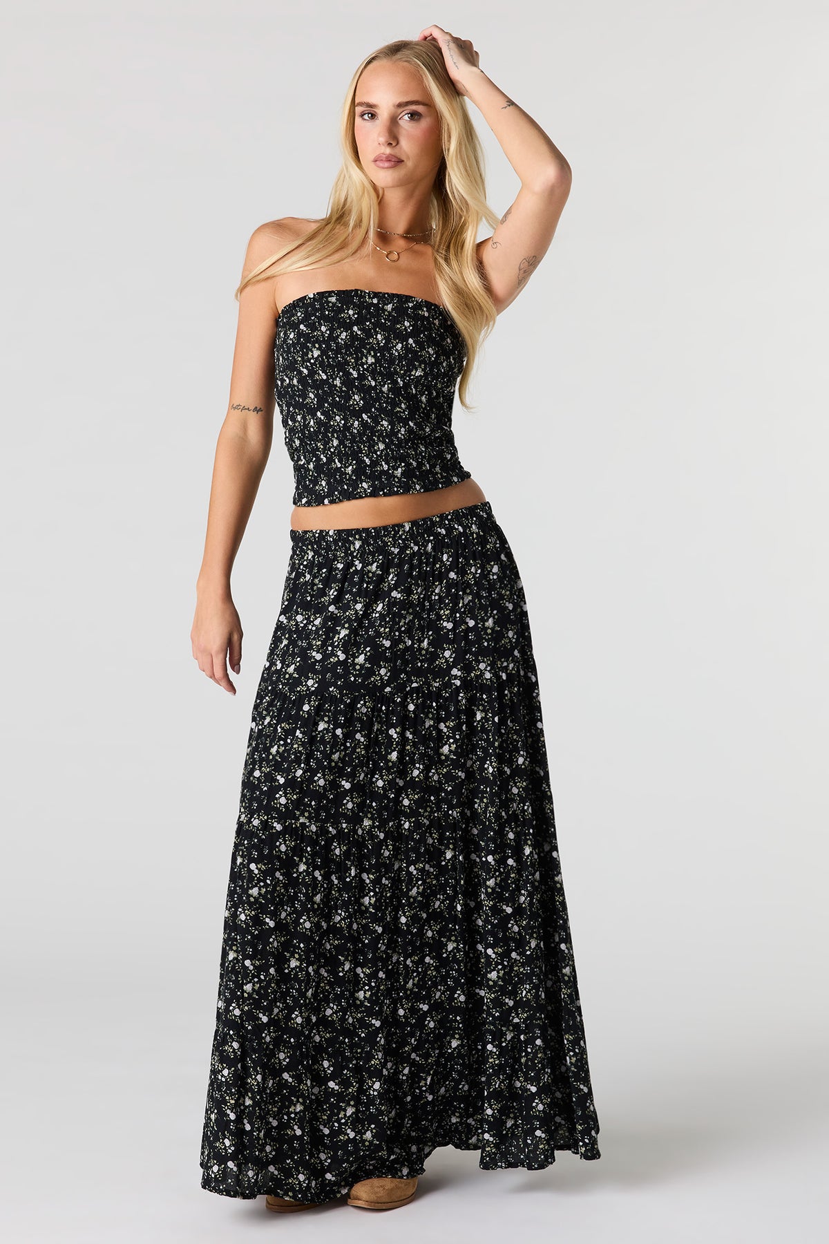 Textured Tiered Maxi Skirt - Black