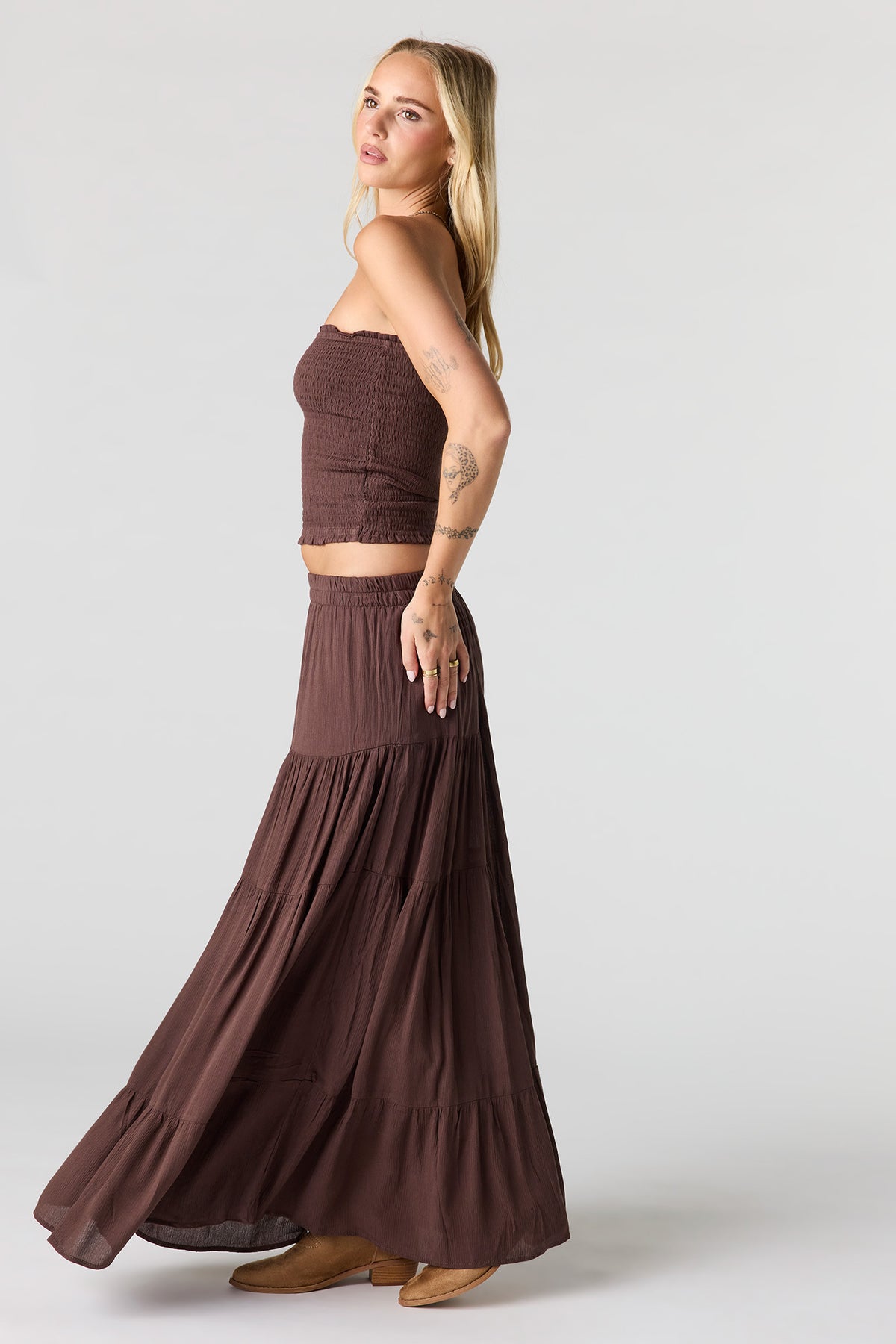 Alt View 2. Textured Tiered Maxi Skirt - Dark Brown