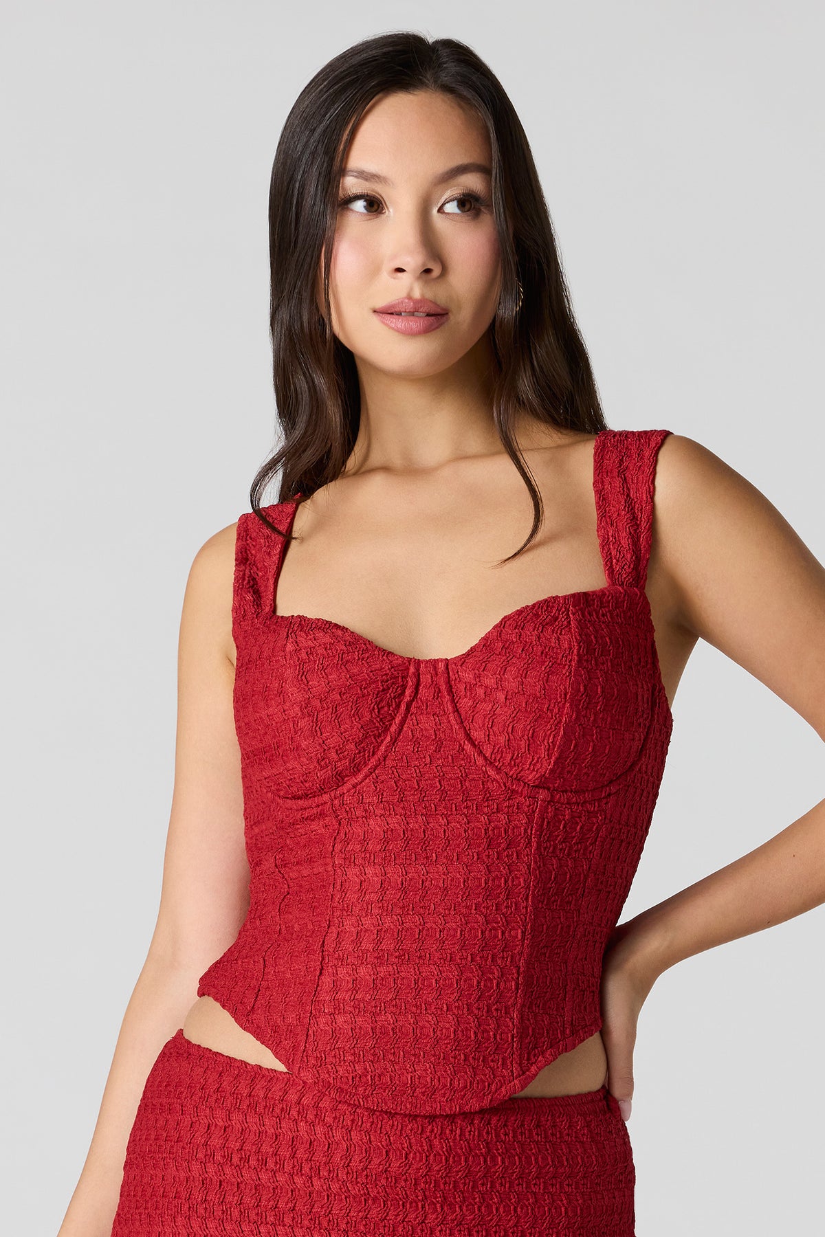 Puckered Knit Corset Top - Red