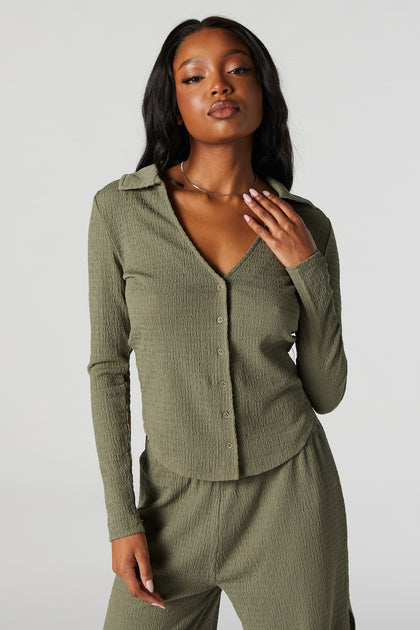 Textured Button-Up Long Sleeve Top