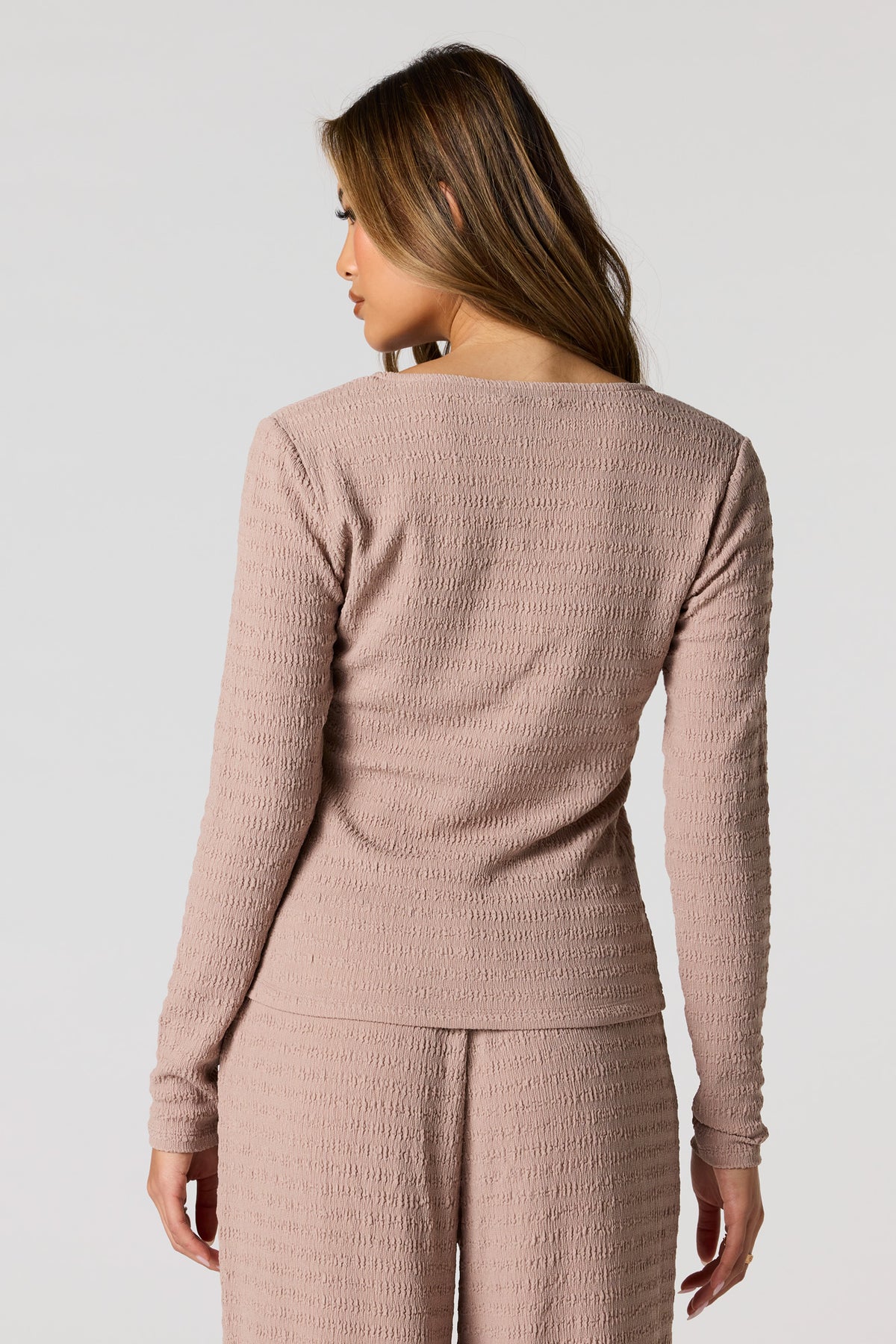 Alt View 2. Textured Metal Button-Front Long Sleeve Top - Tan