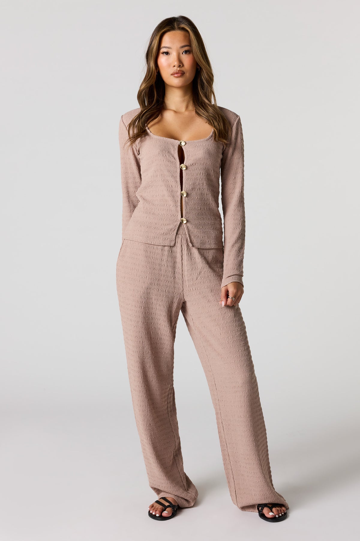 Alt View 3. Textured Metal Button-Front Long Sleeve Top - Tan