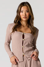 Textured Metal Button-Front Long Sleeve Top