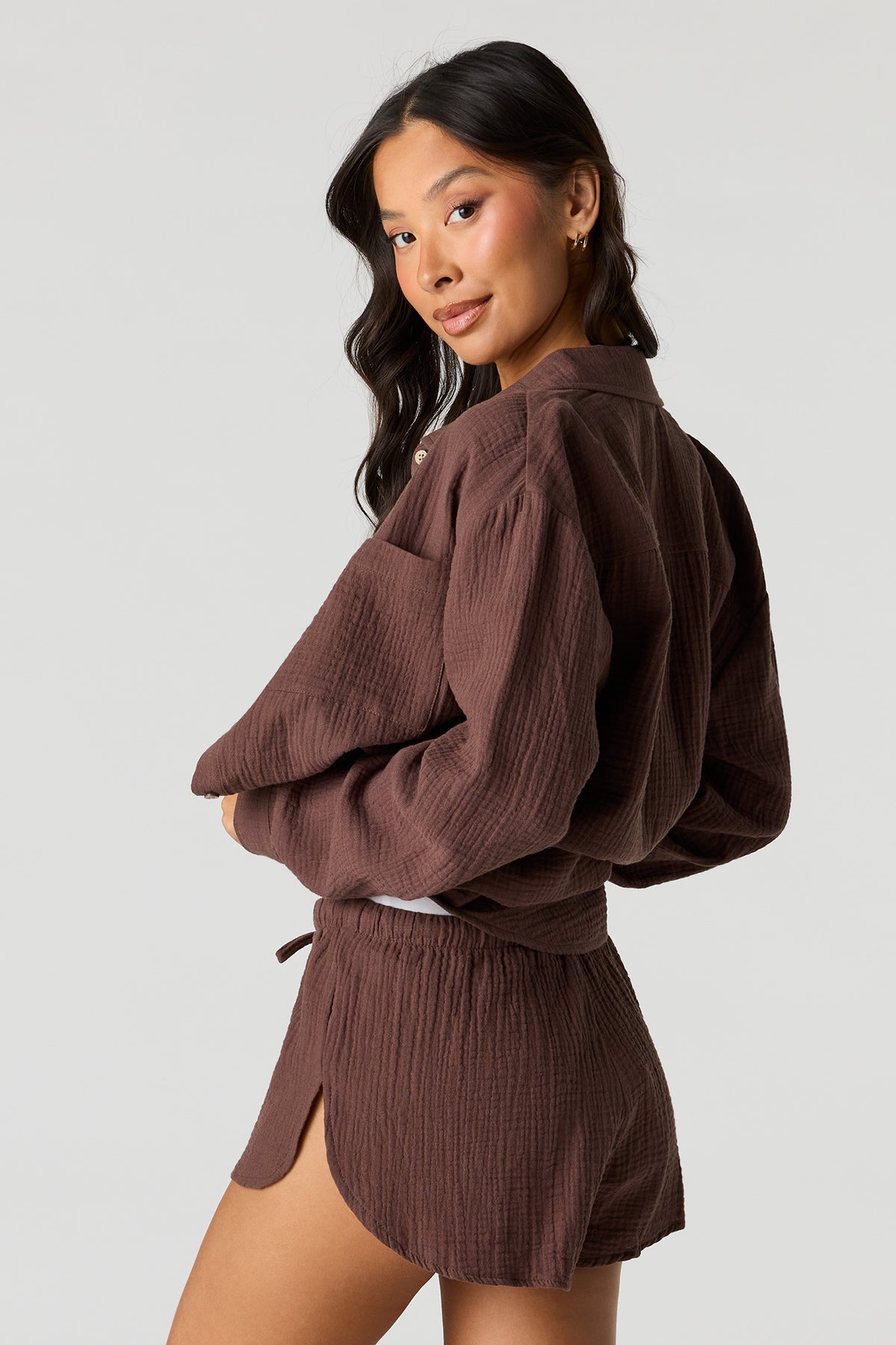 Alt View 2. Crinkled Dolphin Shortie - Brown