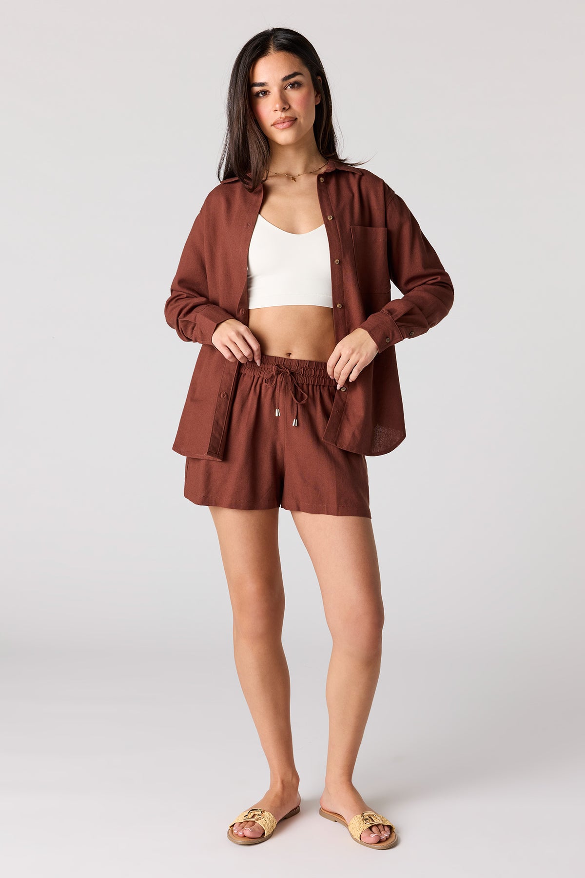 Alt View 3. Linen-Blend Drawstring Short - Dark Brown