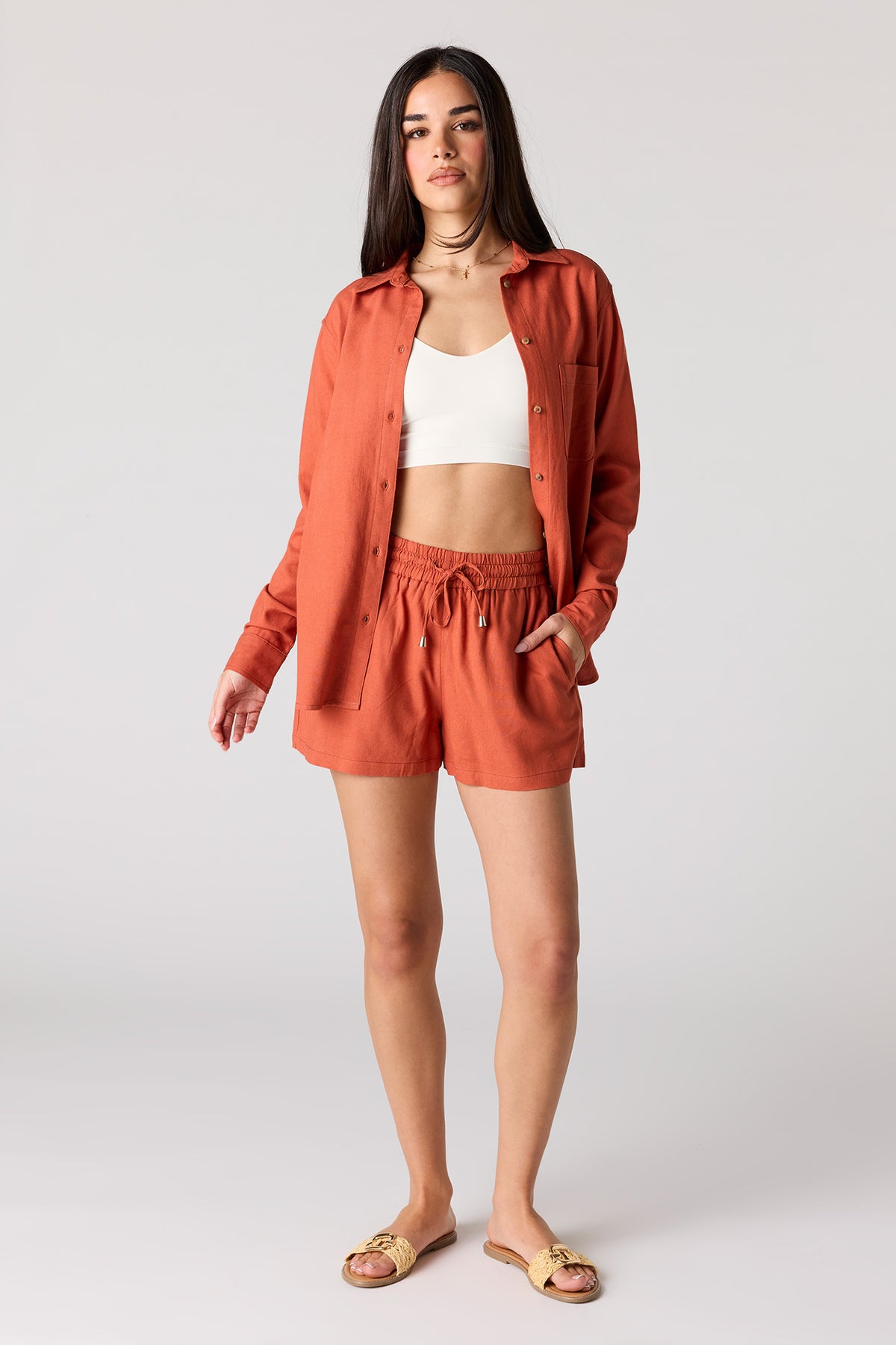 Alt View 3. Linen-Blend Drawstring Short - Dark Orange