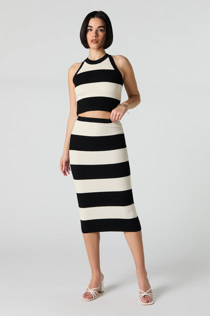 Wide Striped Ribbed Knit Bodycon Midi Skirt