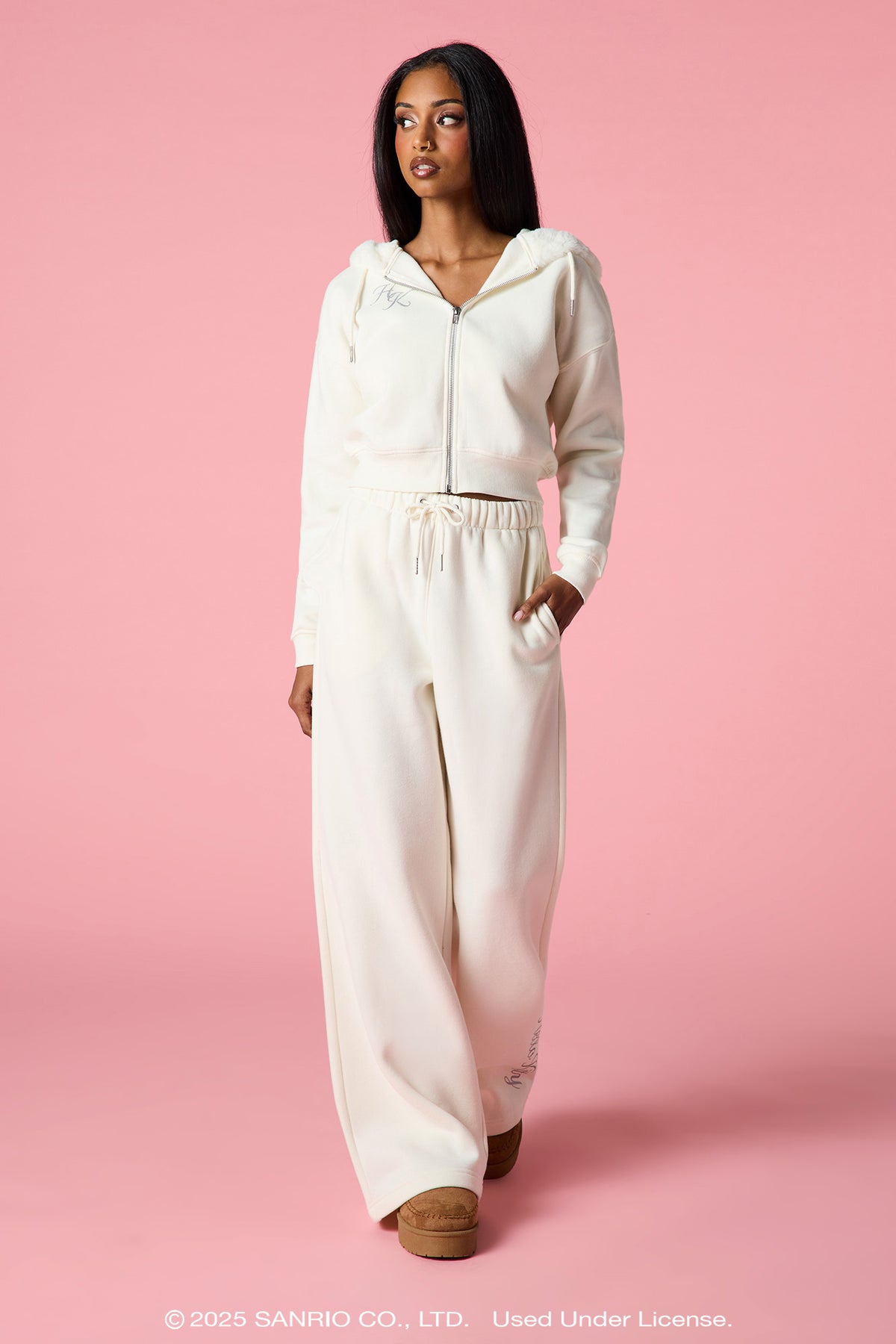 Hello Kitty® Glitter Graphic Wide Leg Sweatpant - Cream