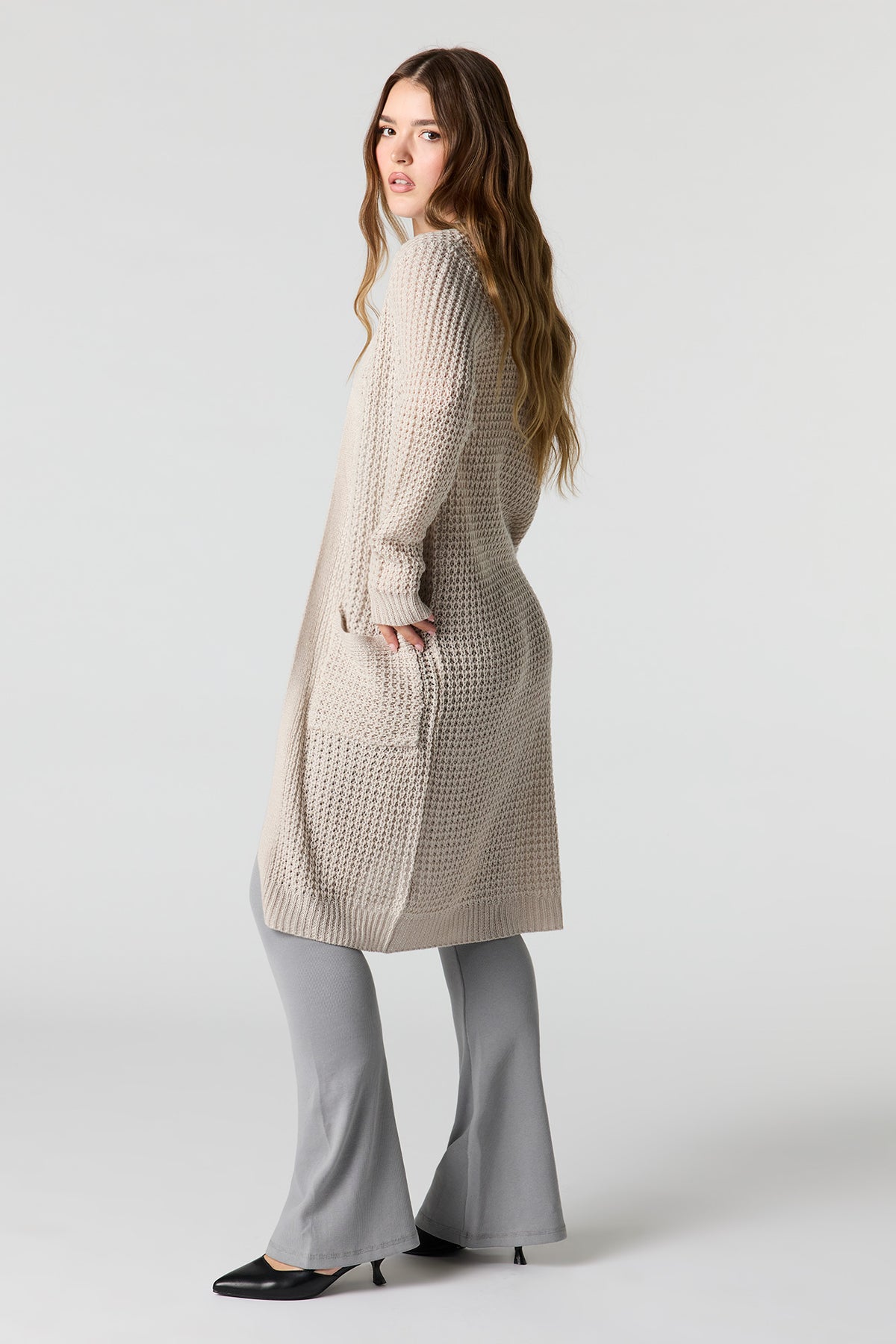 Alt View 2. Open Knit Longline Cardigan - Oatmeal