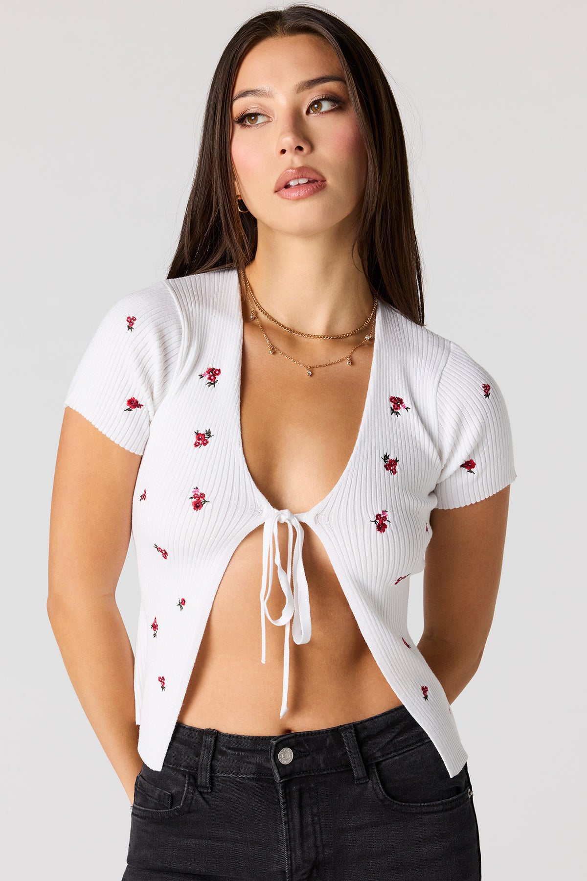 Cardigan en tricot côtelé avec attache et manche courte