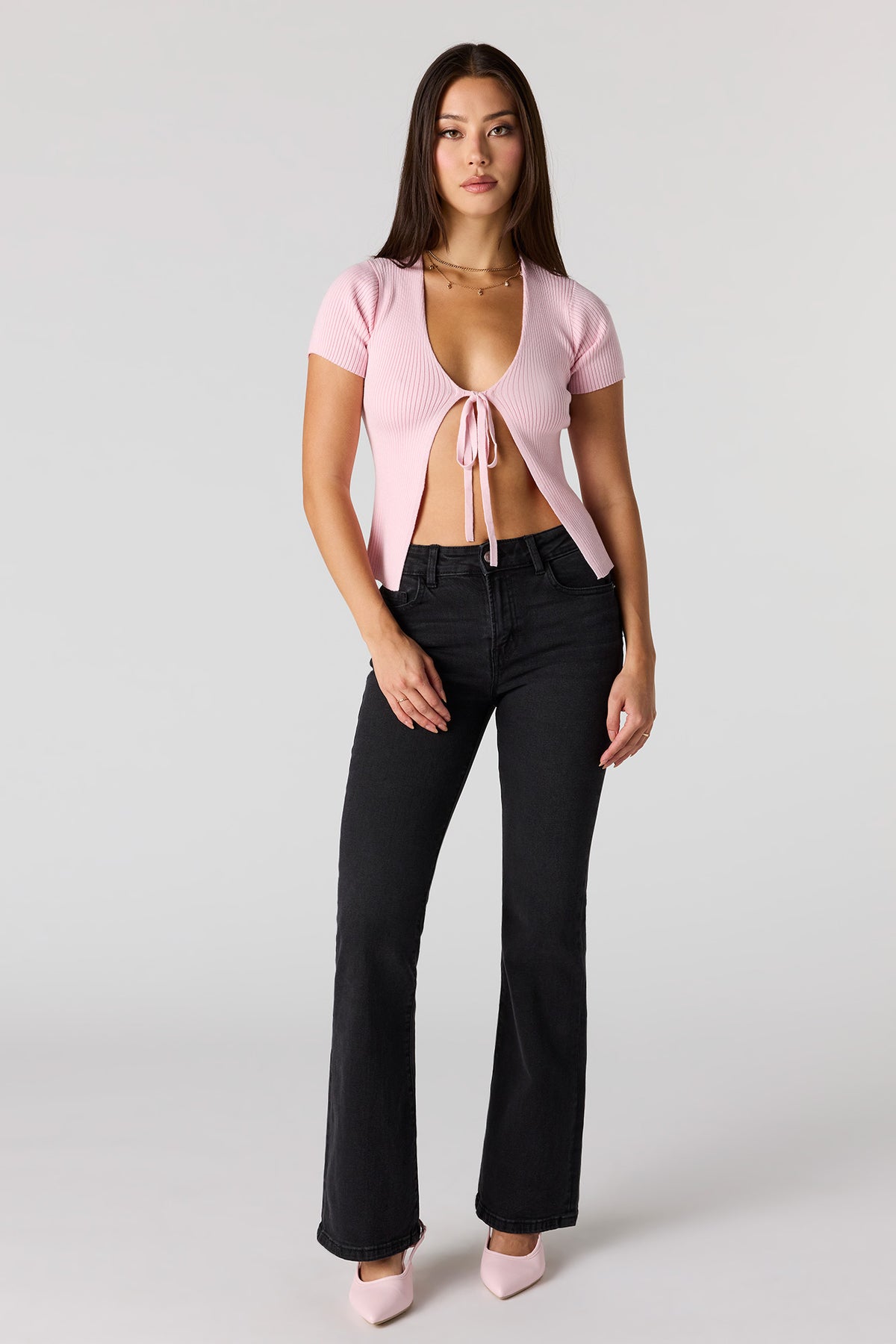 Alt View 3. Ribbed Knit Self-Tie Short Sleeve Cardigan - Pink