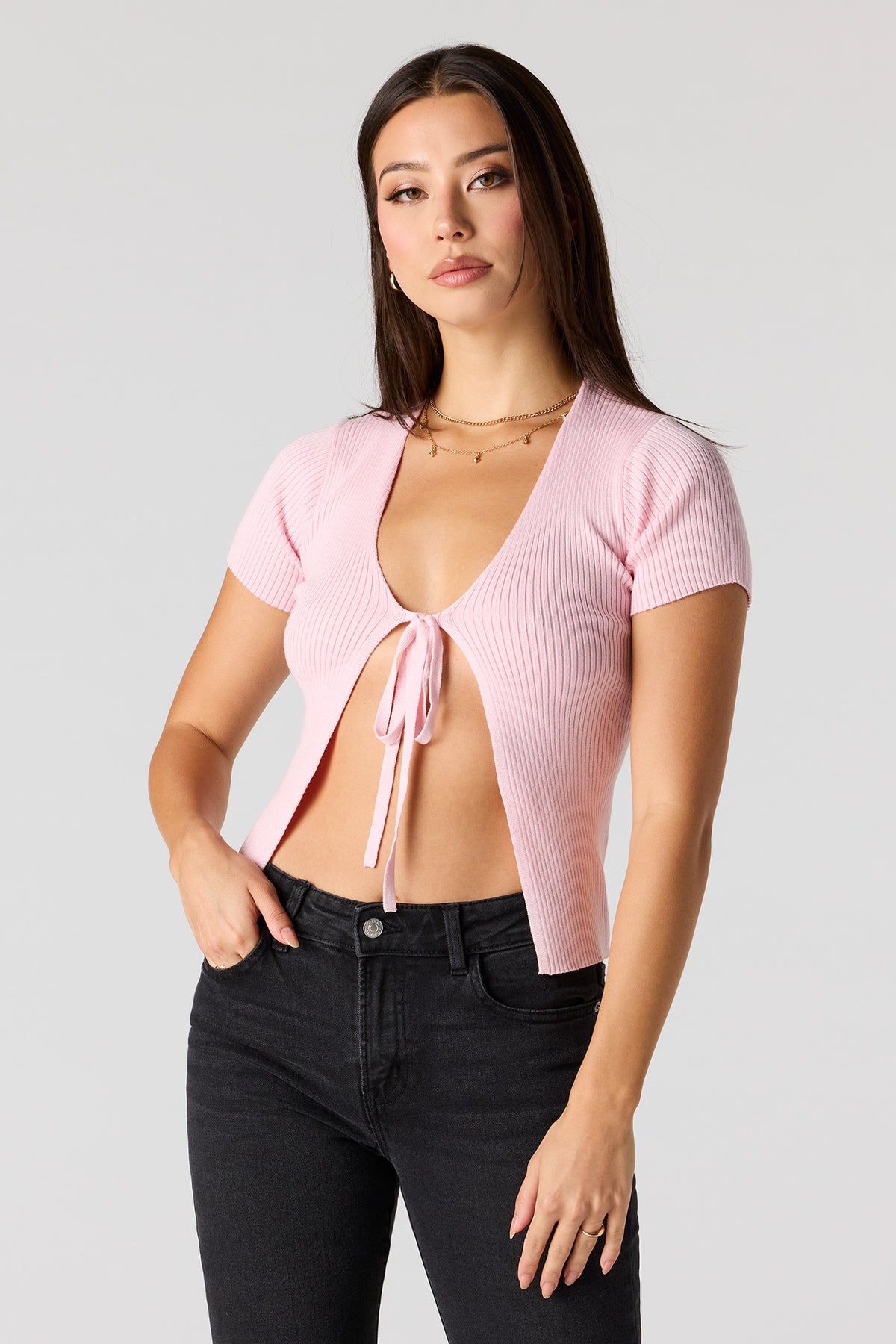 Ribbed Knit Self-Tie Short Sleeve Cardigan - Pink