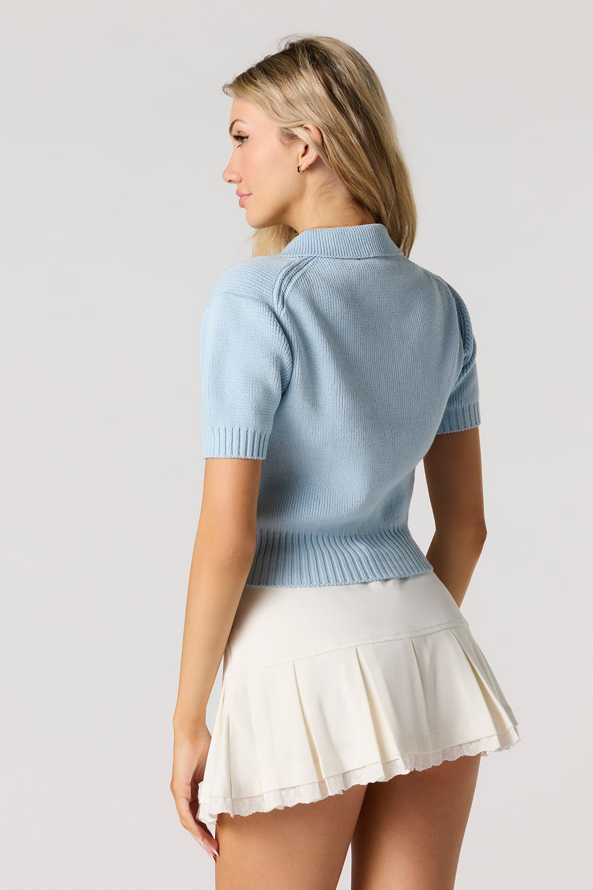 Alt View 2. Knit Collared Short Sleeve Cardigan - Light Blue