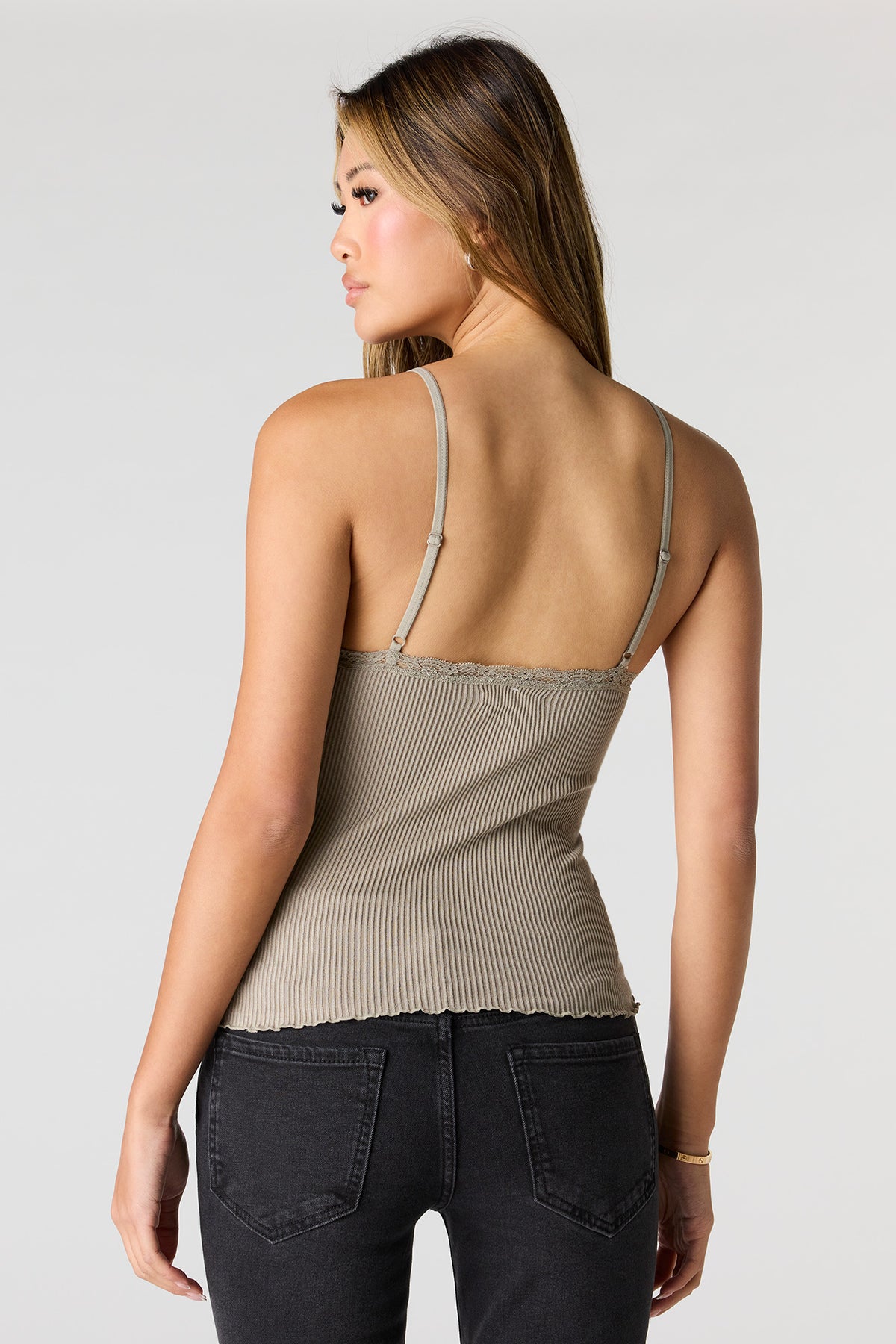 Alt View 2. Seamless Ribbed Lace Trim Cami - Dark Green