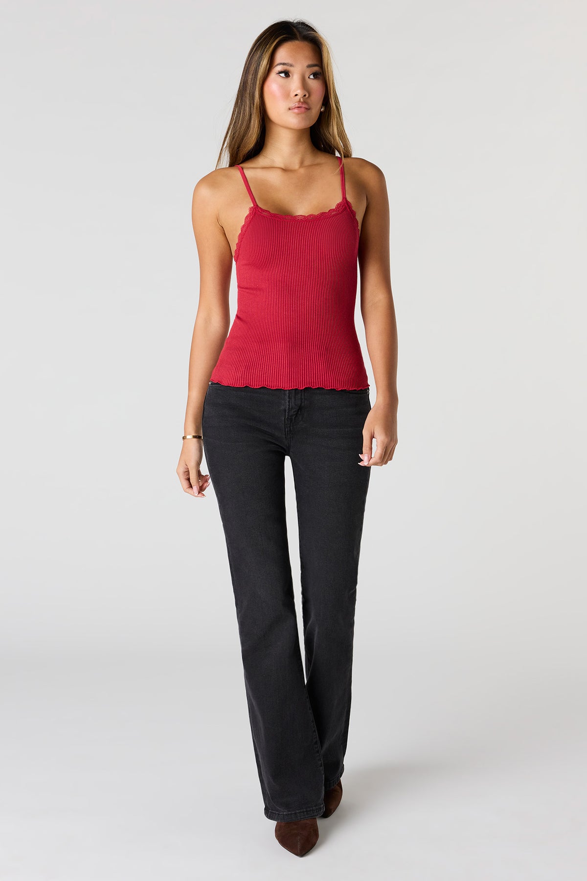 Alt View 3. Seamless Ribbed Lace Trim Cami - Red