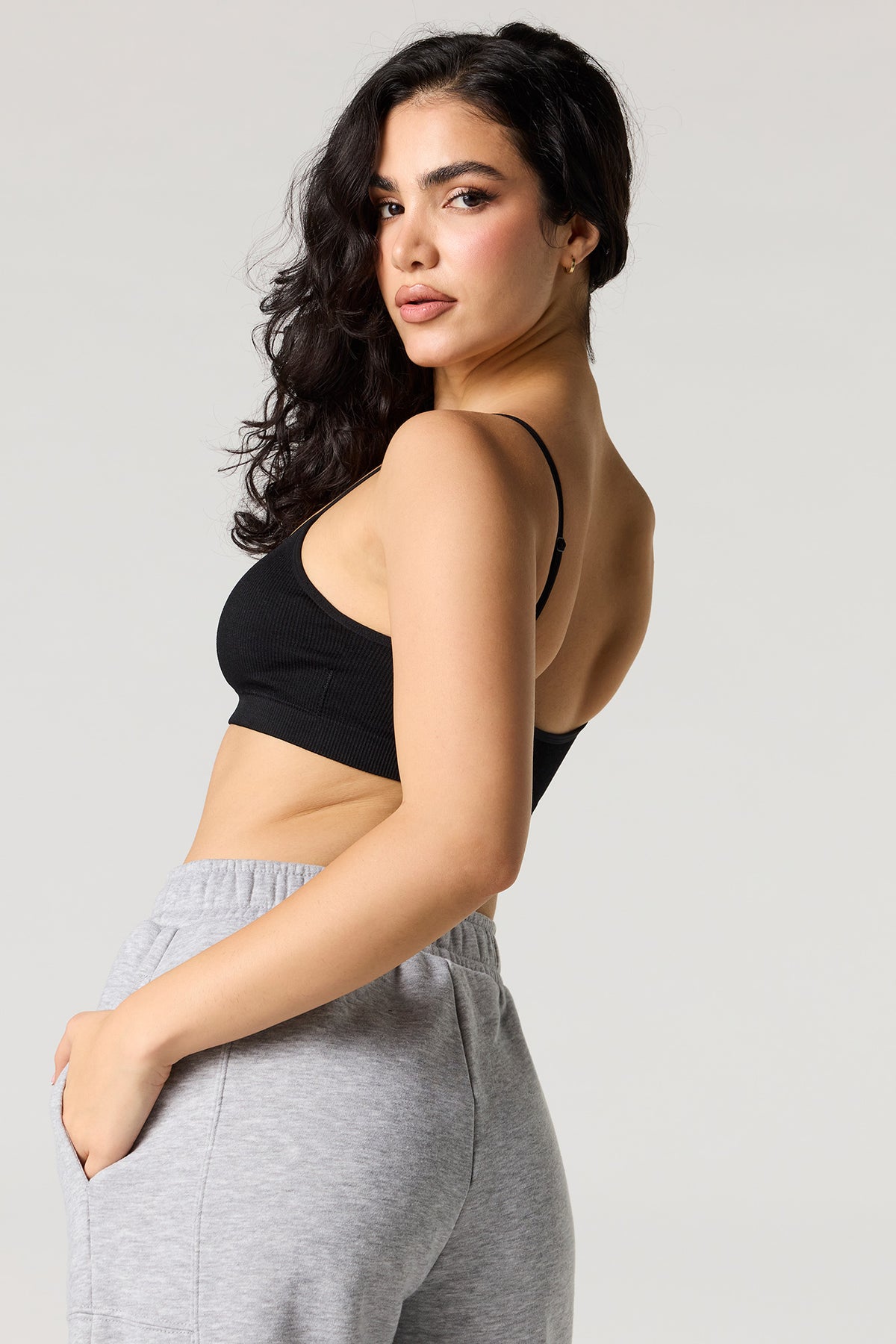 Alt View 2. Seamless Ribbed Bralette with Built-In Cups - Black