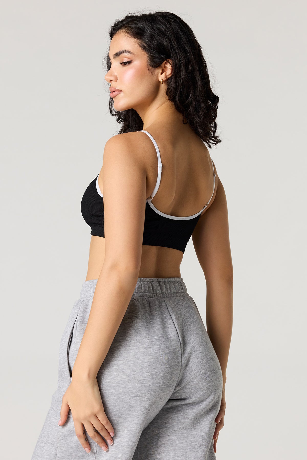 Alt View 2. Seamless Ribbed Bralette with Built-In Cups - Black with White