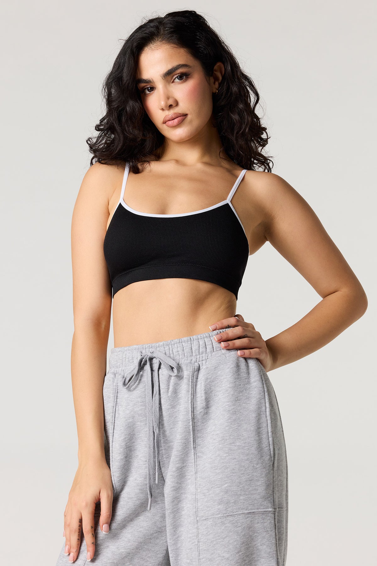 Seamless Ribbed Bralette with Built-In Cups - Black with White