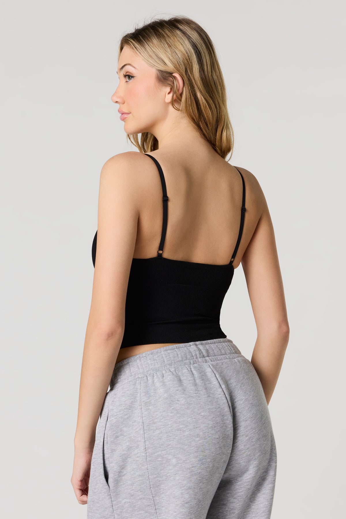 Alt View 2. Seamless Ribbed V-Neck Cami with Built-In Cups - Black