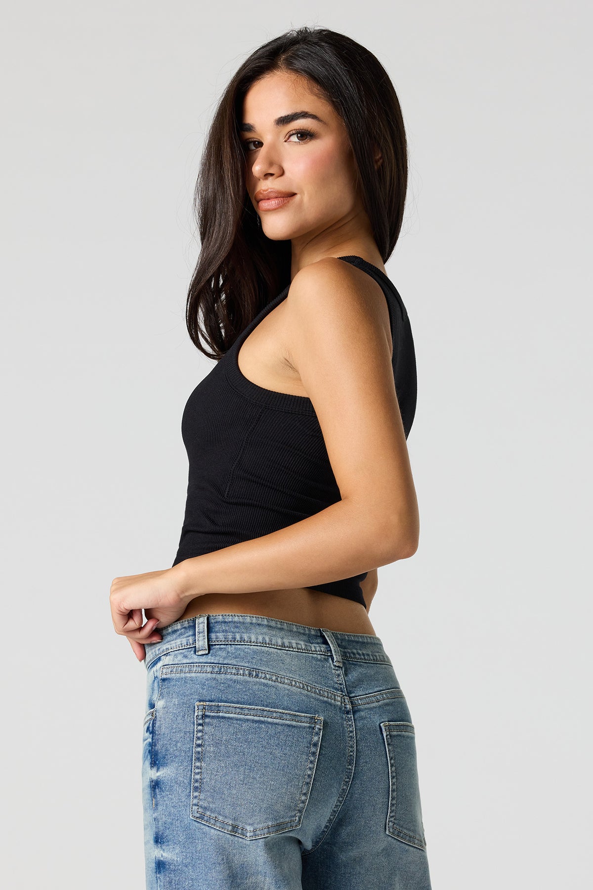 Alt View 2. Seamless Ribbed Crew Neck Tank with Built-In Cups - Black