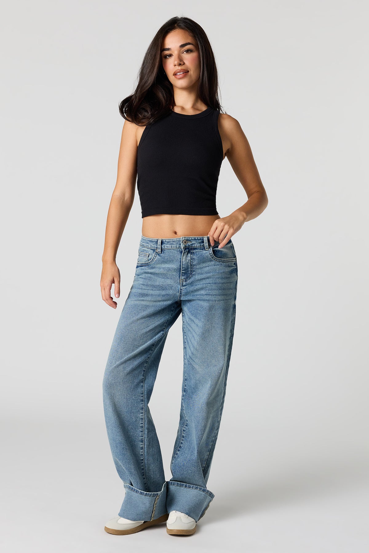Alt View 3. Seamless Ribbed Crew Neck Tank with Built-In Cups - Black