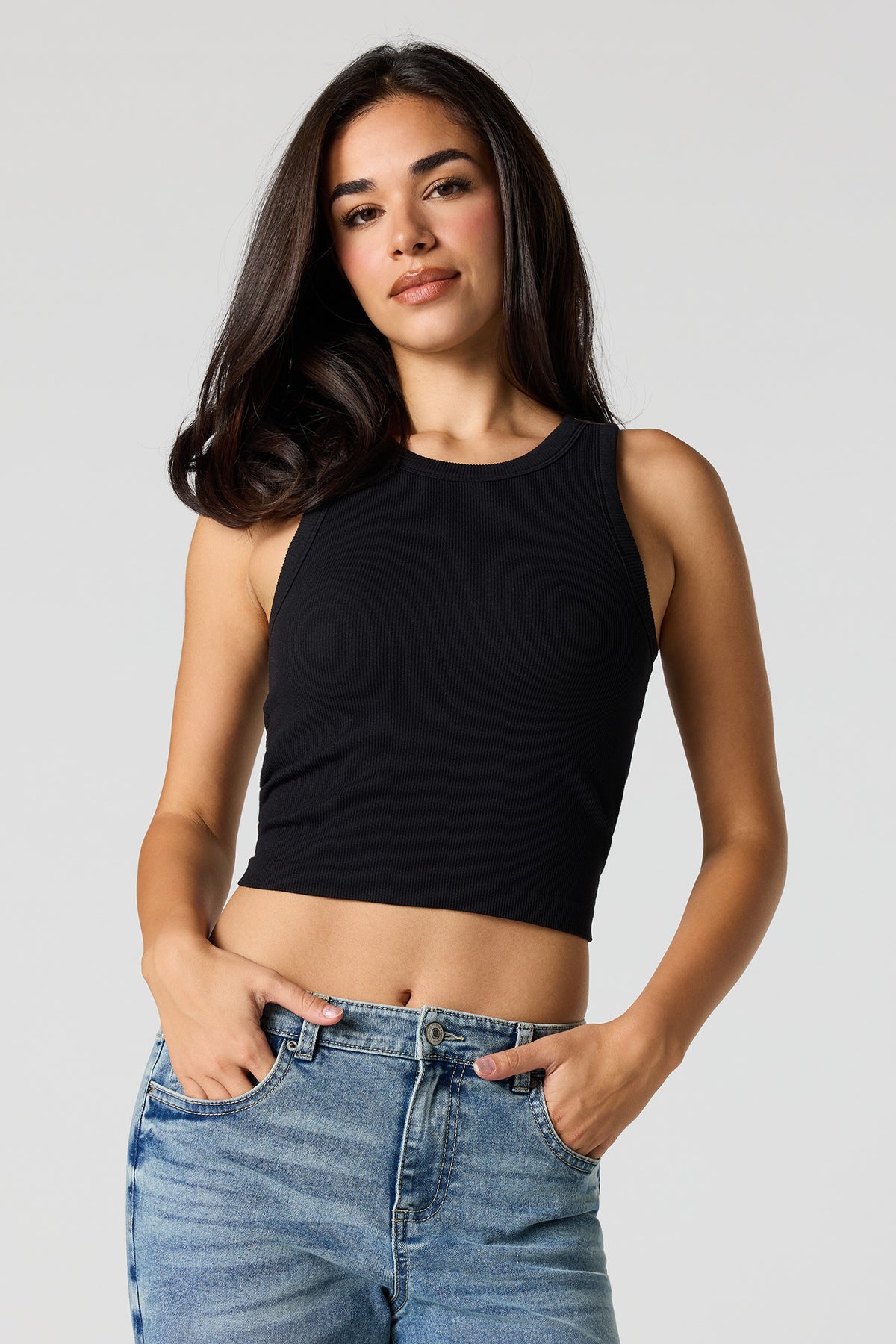 Seamless Ribbed Crew Neck Tank with Built-In Cups - Black