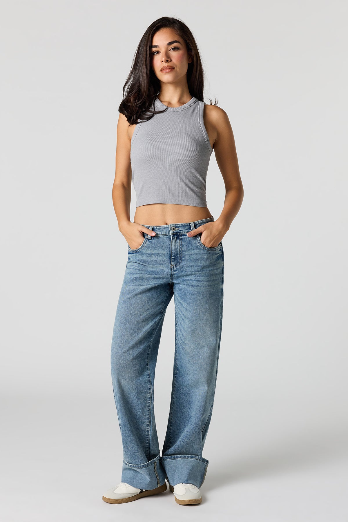 Alt View 3. Seamless Ribbed Crew Neck Tank with Built-In Cups - Heather Grey