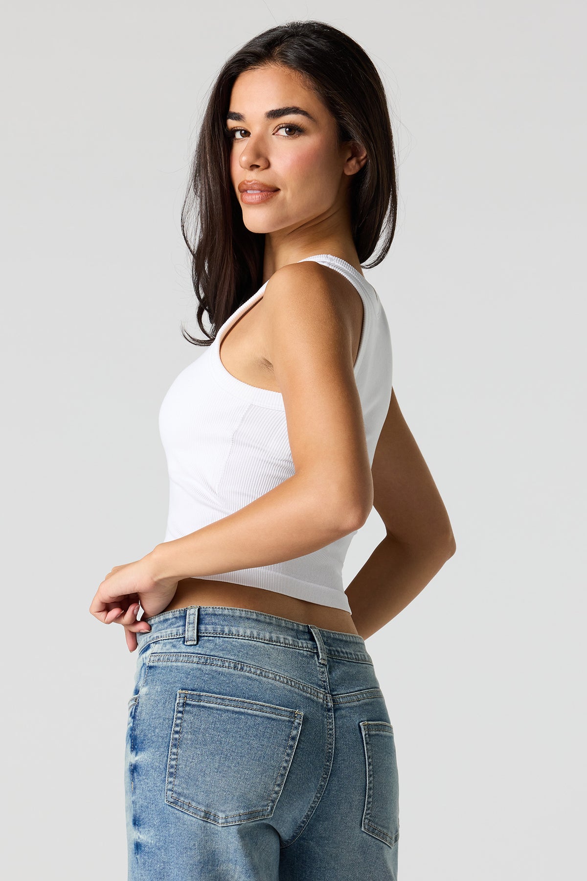 Alt View 2. Seamless Ribbed Crew Neck Tank with Built-In Cups - White