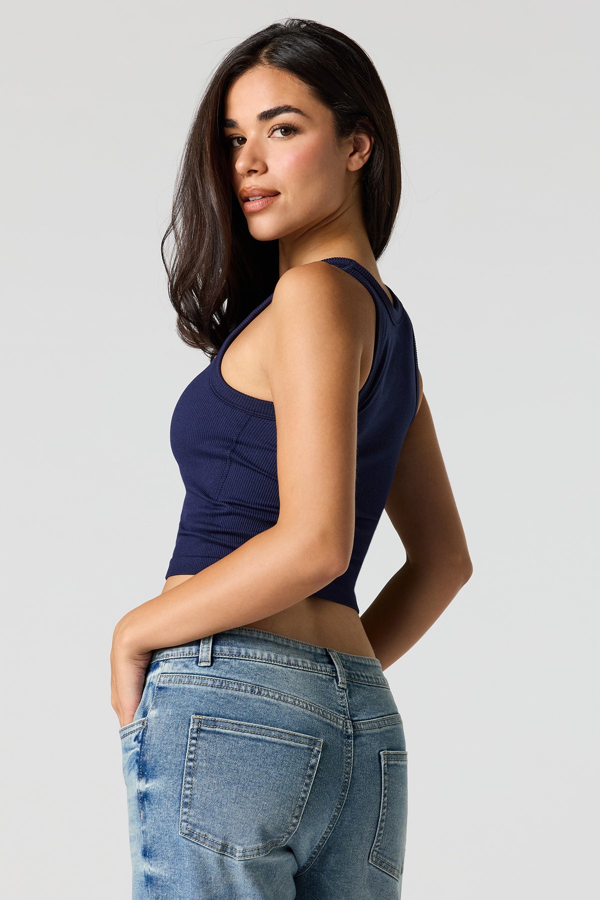 Alt View 2. Seamless Ribbed Crew Neck Tank with Built-In Cups - Navy