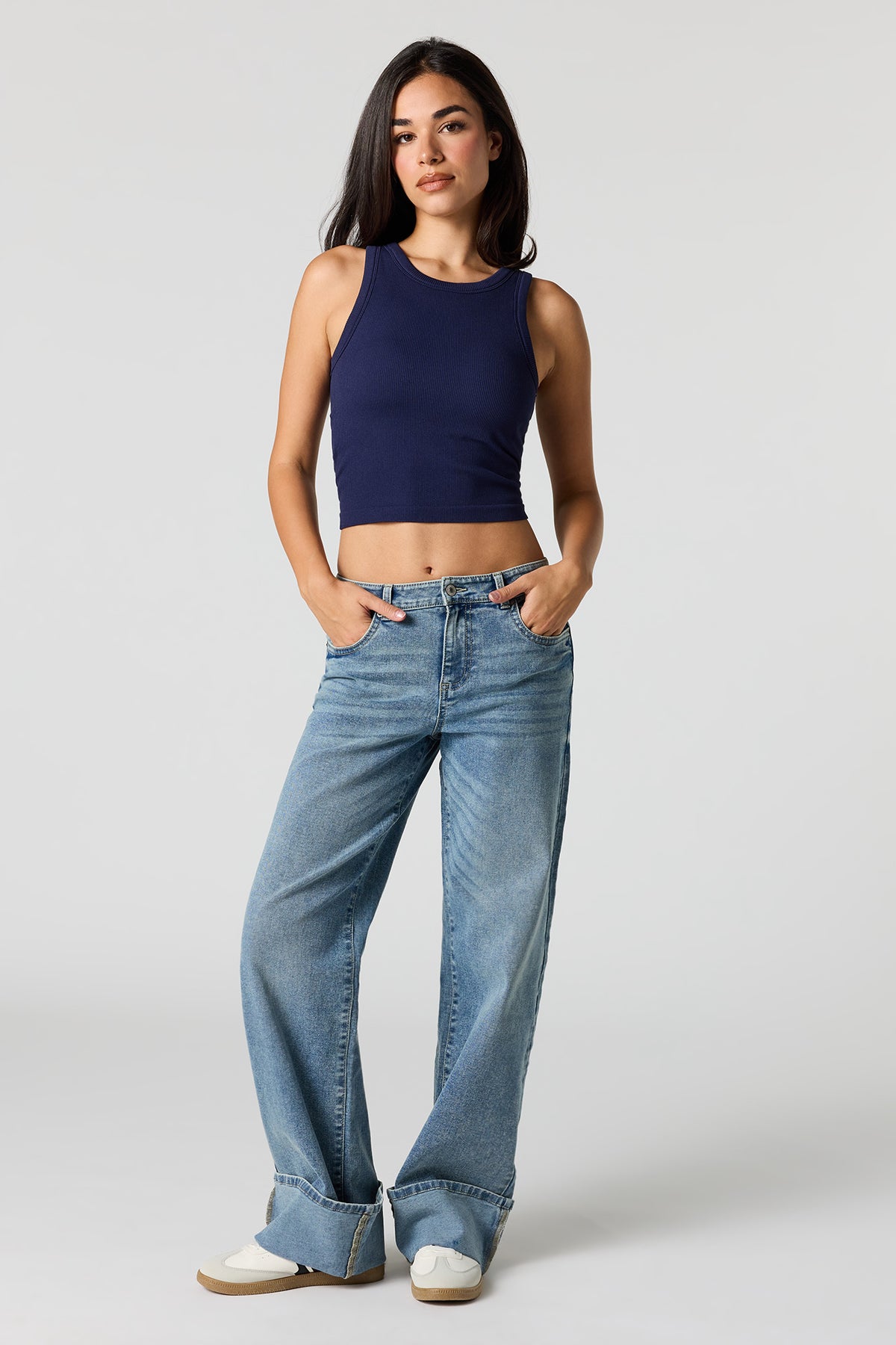 Alt View 3. Seamless Ribbed Crew Neck Tank with Built-In Cups - Navy