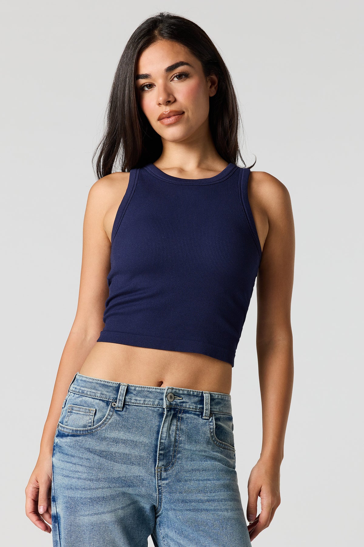 Seamless Ribbed Crew Neck Tank with Built-In Cups - Navy