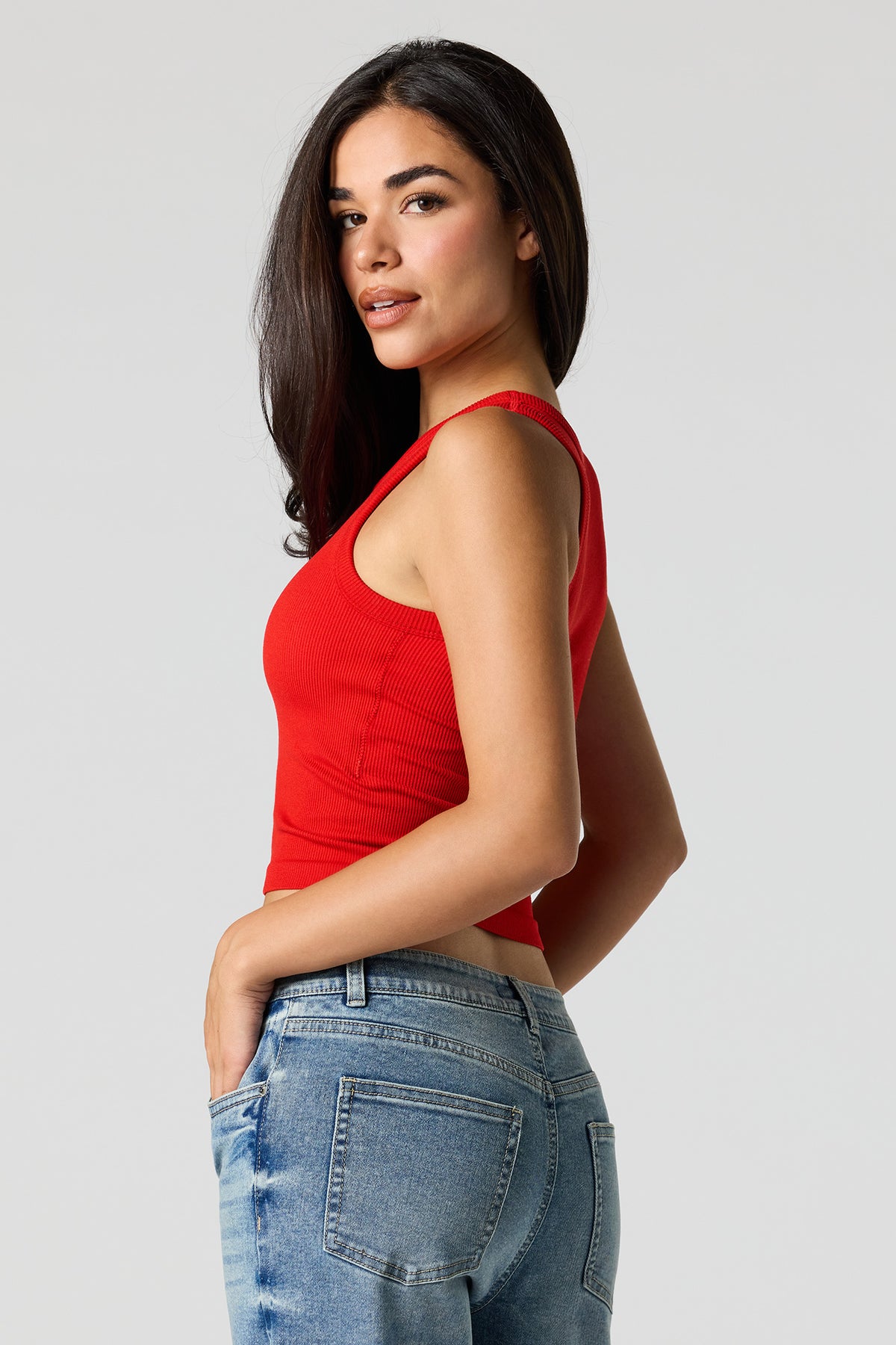 Alt View 2. Seamless Ribbed Crew Neck Tank with Built-In Cups - Red