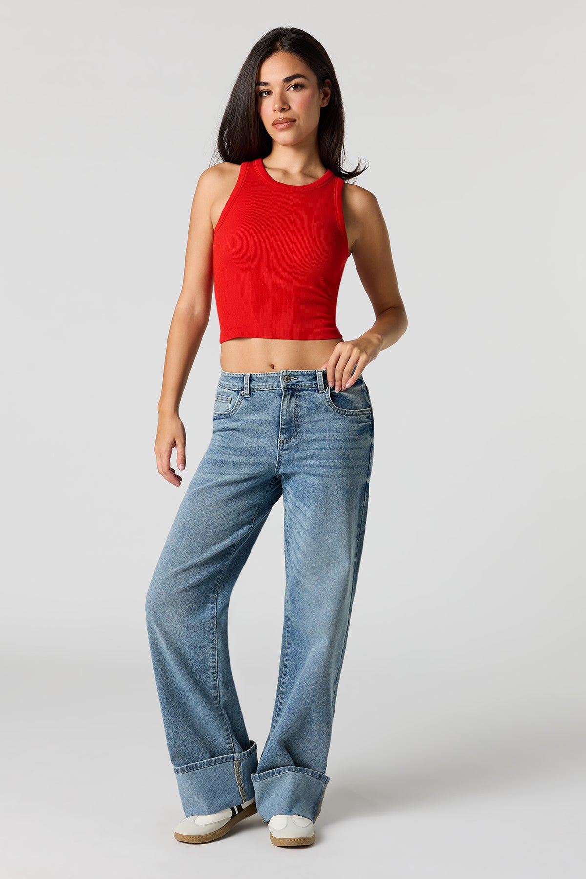Alt View 3. Seamless Ribbed Crew Neck Tank with Built-In Cups - Red