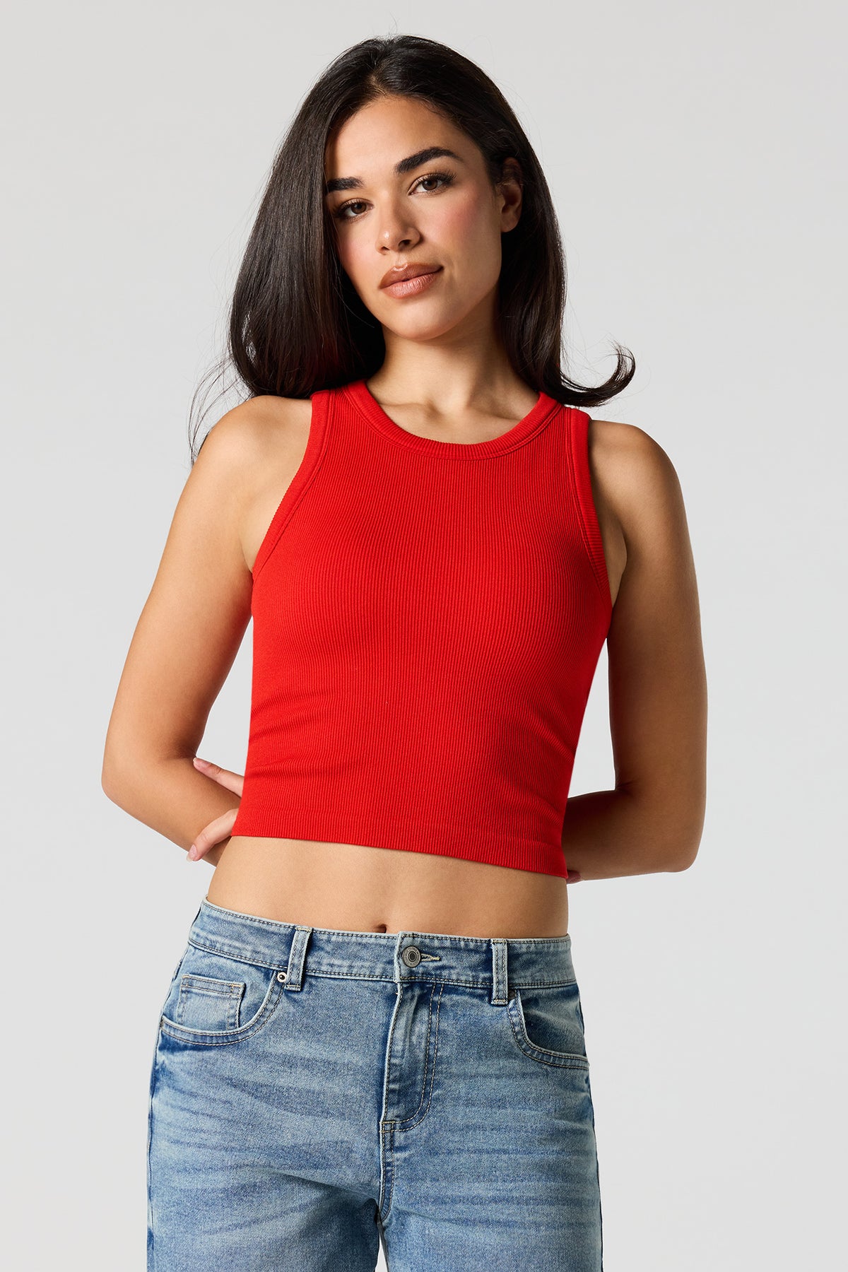 Seamless Ribbed Crew Neck Tank with Built-In Cups - Red