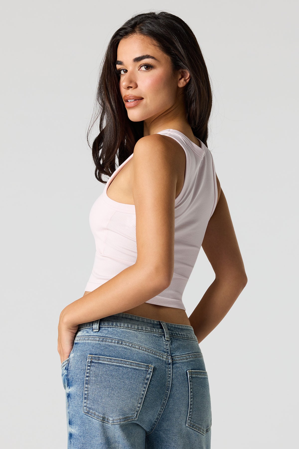 Alt View 2. Seamless Ribbed Crew Neck Tank with Built-In Cups - Pink